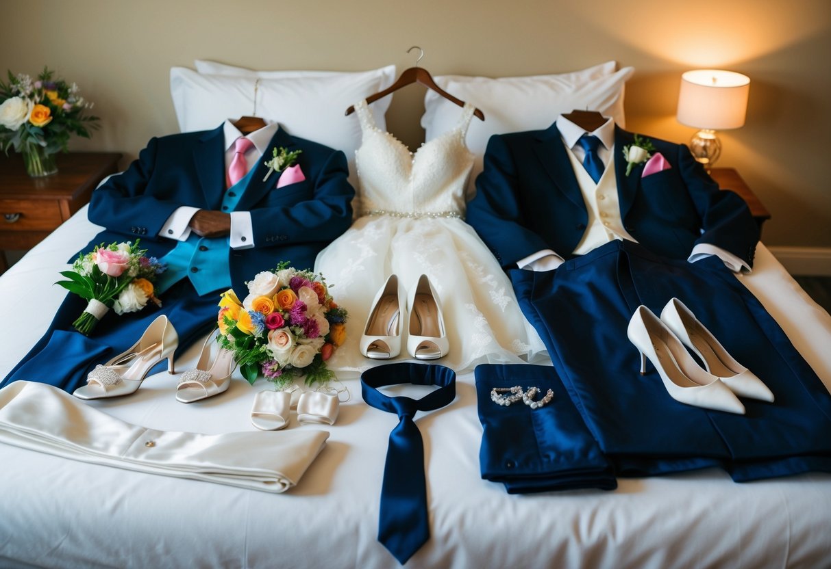 A colorful array of wedding attire essentials, including elegant dresses, suits, ties, and heels, laid out on a bed or table