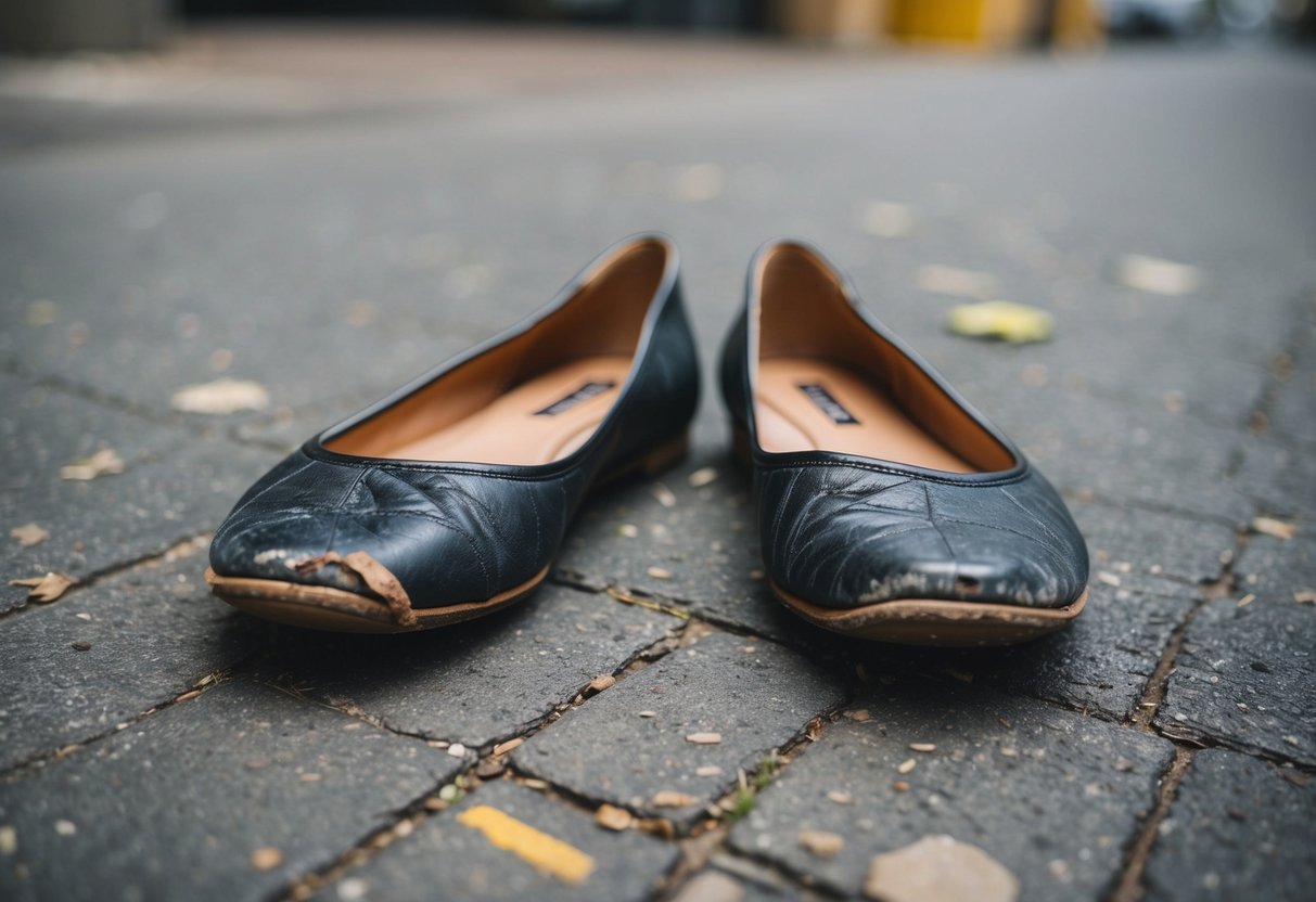 A pair of worn-out flats lying on the ground, with visible signs of wear and tear such as creases and scuff marks