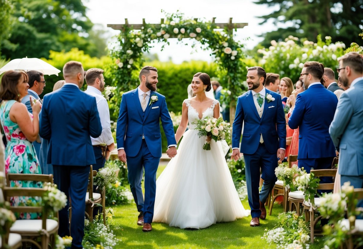 A garden wedding with a mix of formal and casual attire. A bride in a flowing gown, guests in suits and sundresses. Flowers and greenery decorate the venue