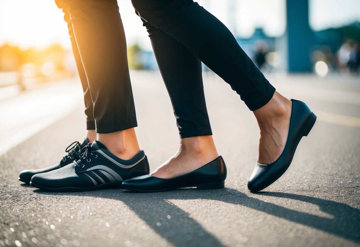 A person walking in flats next to someone wearing supportive footwear, showing discomfort and strain on their feet