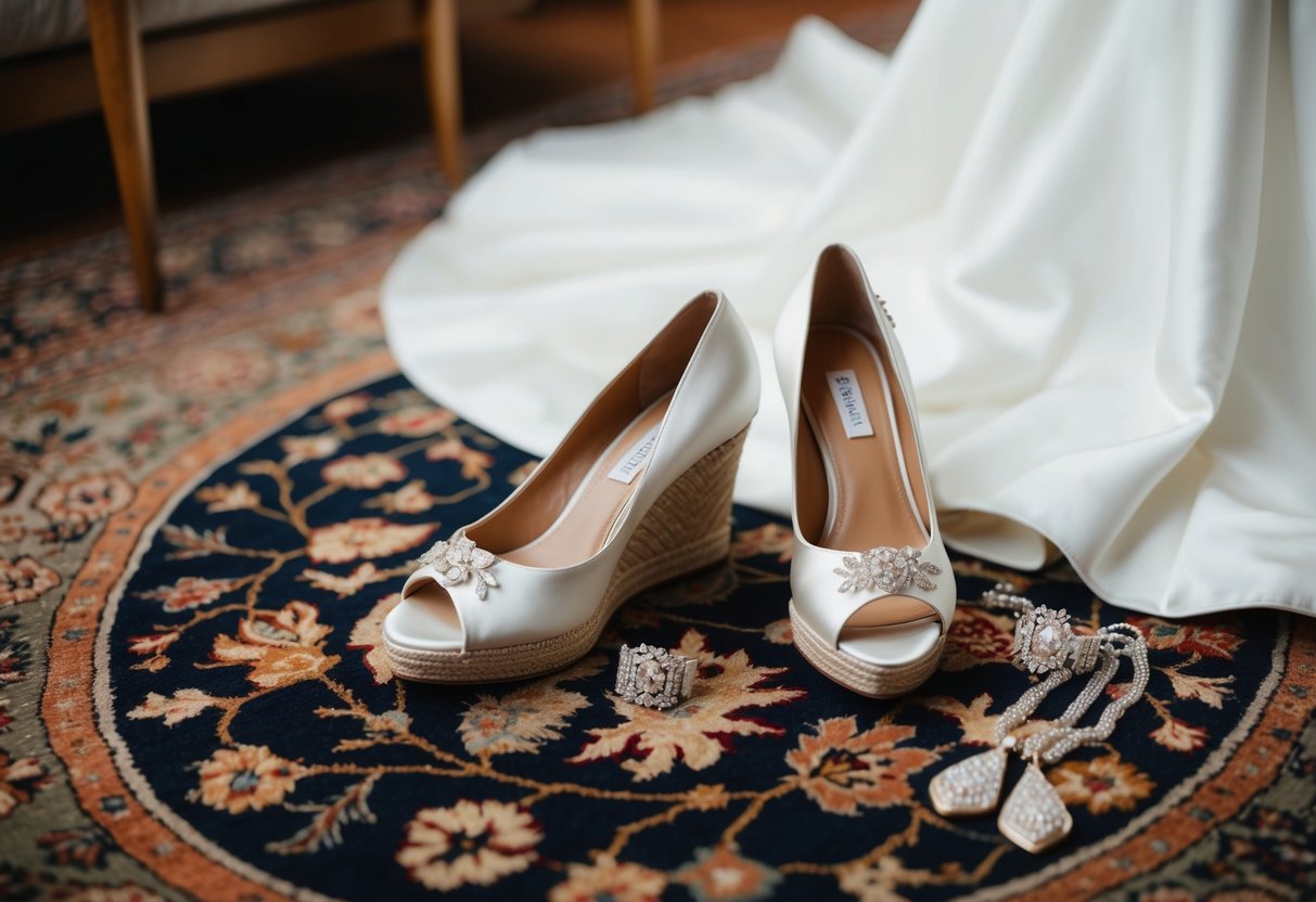 A bride's wedding outfit with a pair of elegant wedges placed next to it on a decorative rug, surrounded by delicate jewelry and accessories