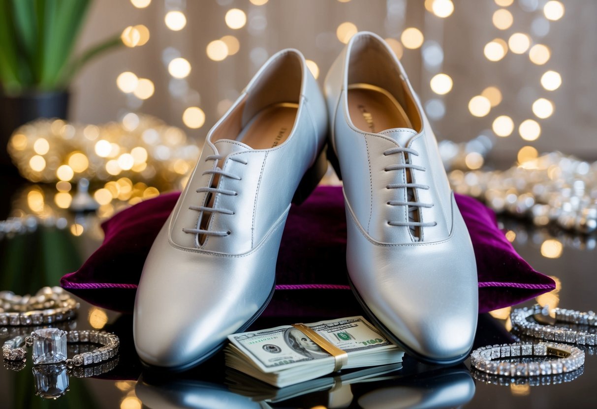 A pair of elegant shoes on a velvet cushion, surrounded by sparkling jewelry and a stack of money