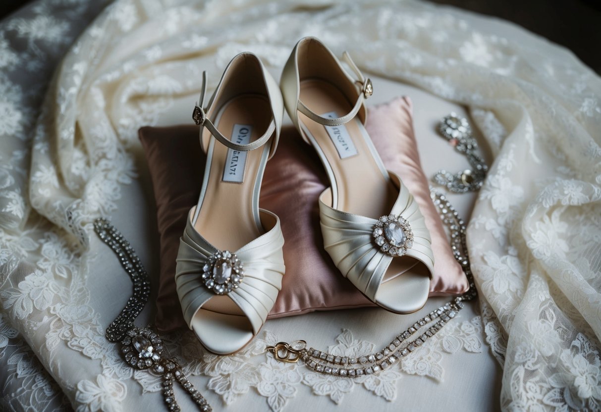 A pair of elegant bridal shoes placed on a silk cushion, surrounded by delicate lace and shimmering jewelry