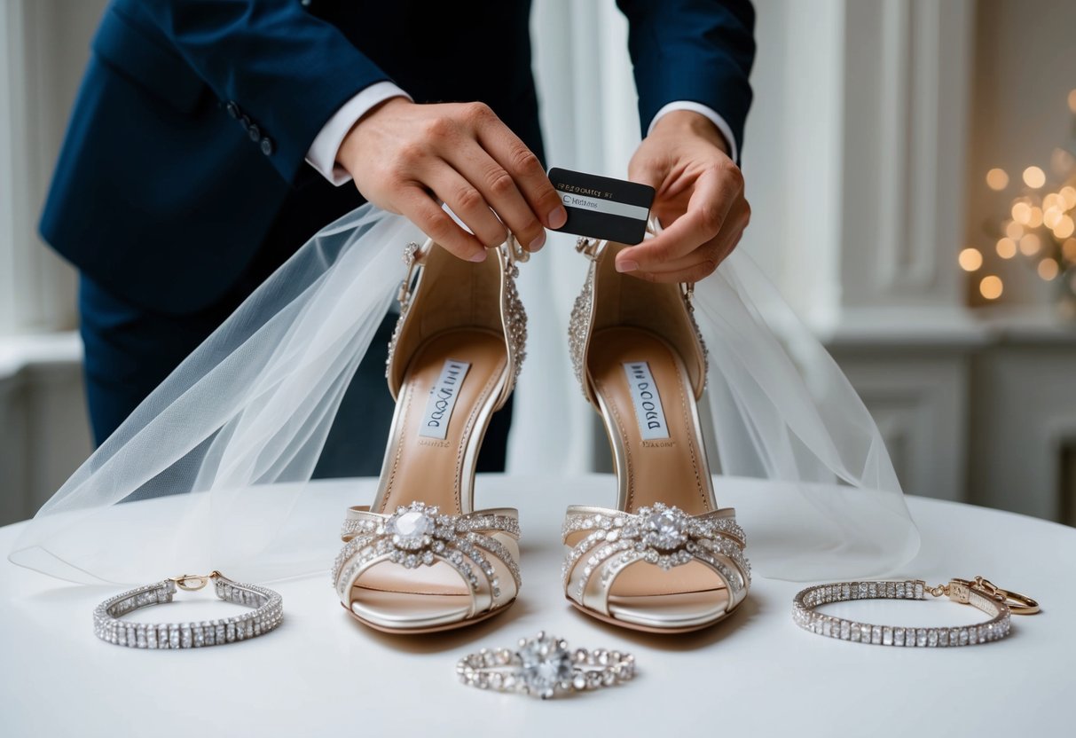 A pair of elegant bridal shoes surrounded by sparkling jewelry and a delicate veil. A man's hand reaches for the shoes, holding a credit card