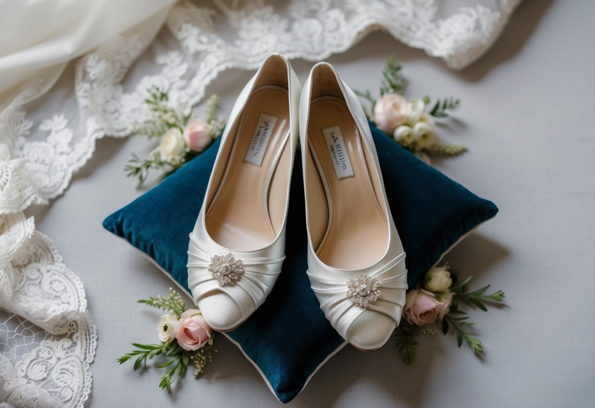 A pair of elegant bridal shoes placed on a velvet cushion, surrounded by delicate lace and floral accents. A small label indicates the payment responsibility