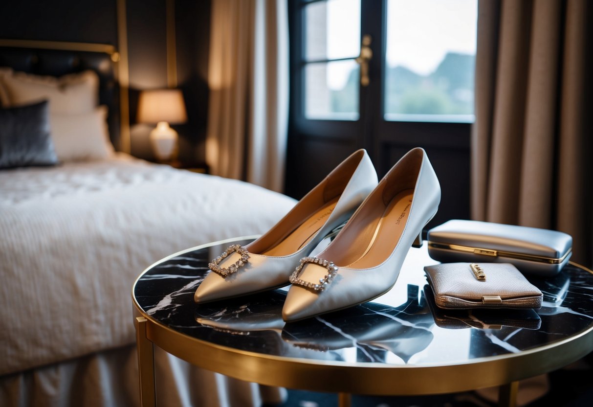 A pair of elegant flats placed next to a floor-length gown and a clutch purse on a marble-topped dressing table in a luxurious, dimly lit room