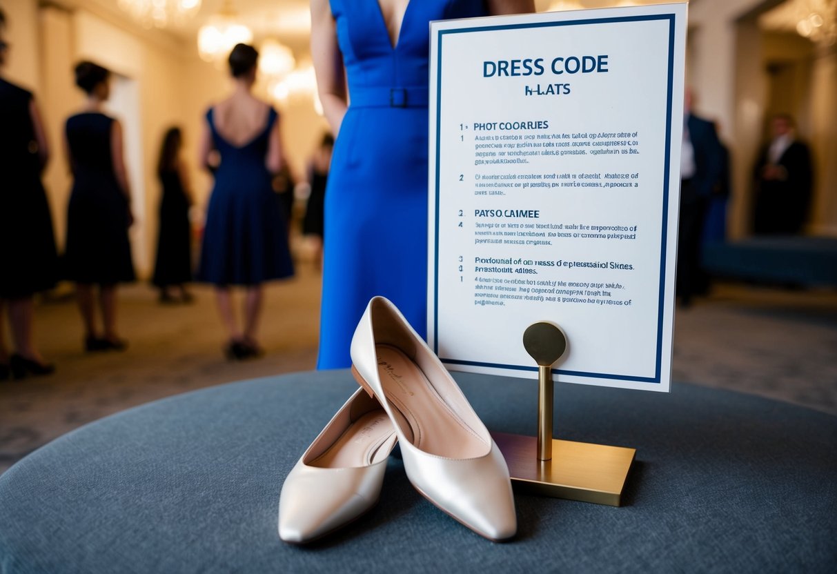 A woman in a formal dress stands next to a pair of elegant flats, while a sign with dress code guidelines is displayed prominently