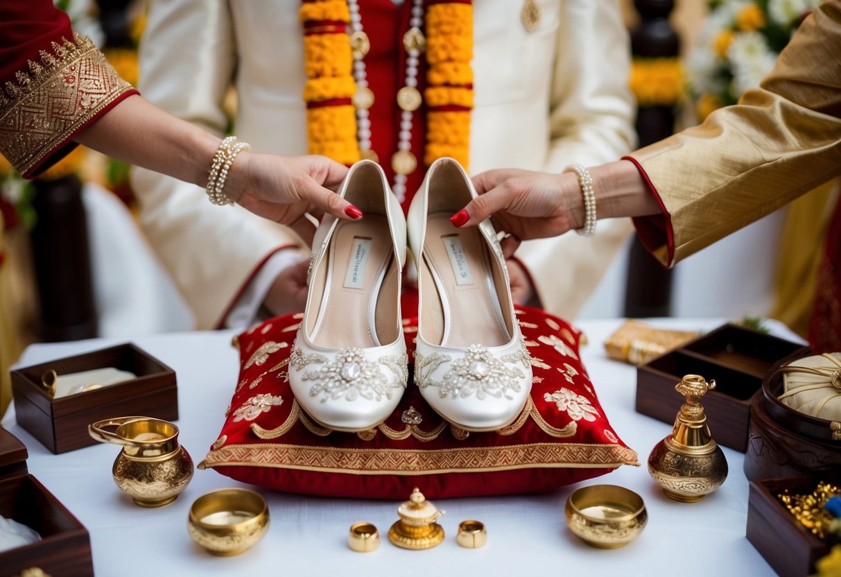 A pair of elegant bridal shoes being placed on a decorative cushion, surrounded by symbolic items for a traditional wedding ceremony