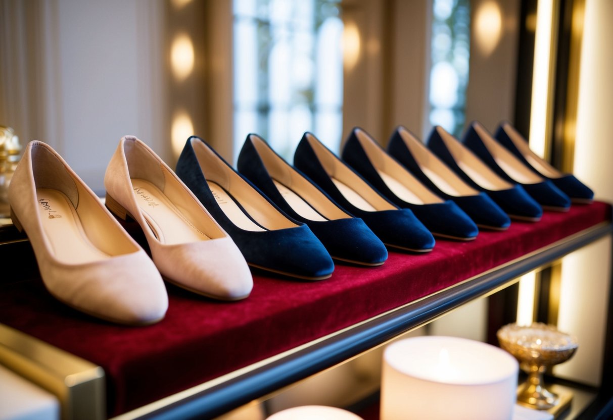 A row of elegant flats displayed on a velvet-lined shelf, surrounded by soft lighting and luxurious decor
