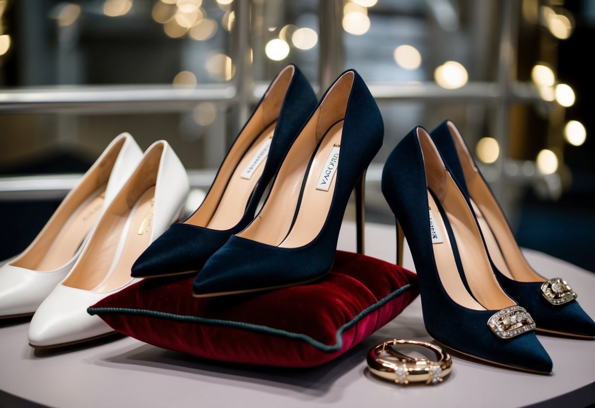 A pair of elegant high-heeled pumps displayed on a velvet cushion, surrounded by other formal shoe options such as kitten heels and pointed-toe slingbacks