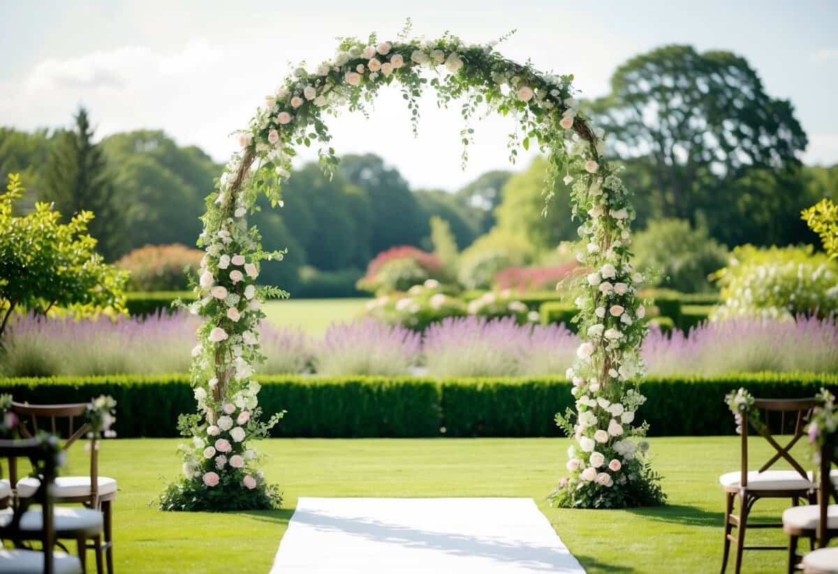 A decorative wedding arch stands adorned with flowers, overlooking a serene garden setting