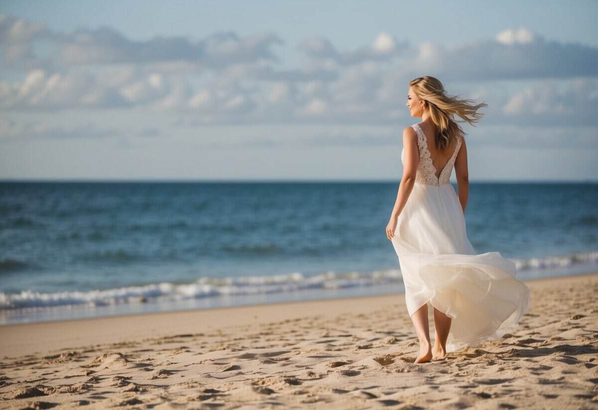 A bride stands on a sandy beach, her bare feet sinking into the warm sand as she gazes out at the ocean, the wind gently tousling her hair