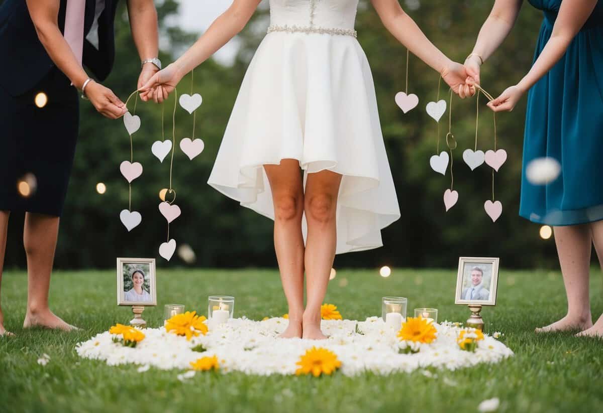 A bride stands barefoot on a bed of flowers, surrounded by symbols of love and unity