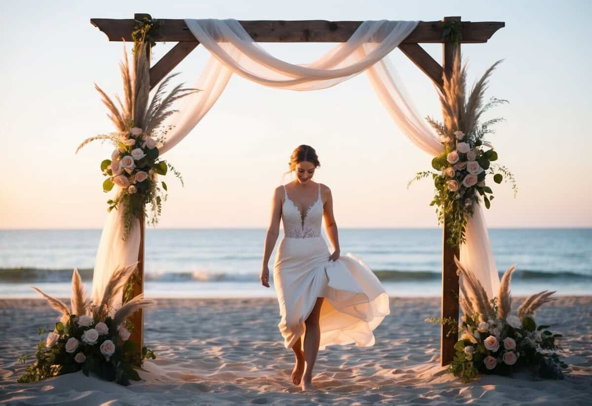 A beach wedding at sunset, with a rustic wooden arch adorned with flowers and flowing fabric. The bride walks barefoot in the sand, with the ocean in the background