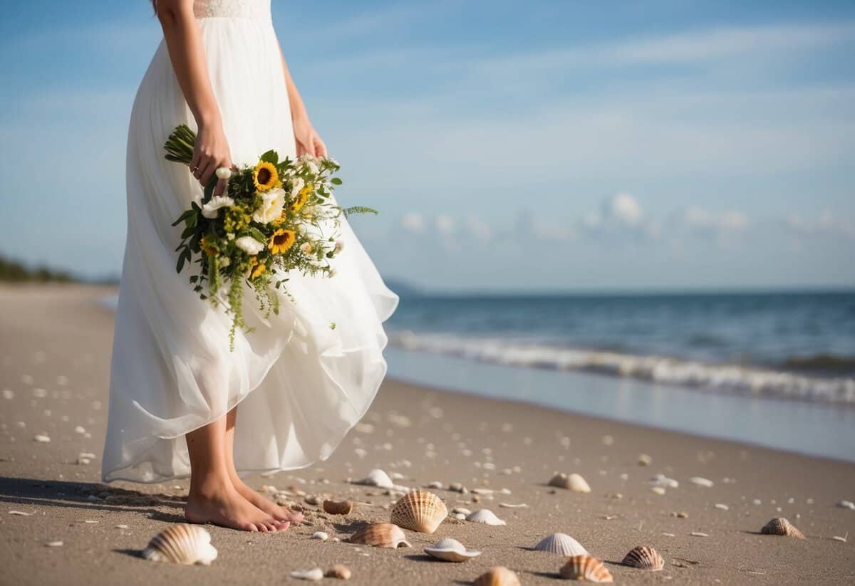 A bride stands barefoot on a sandy beach, her flowing dress catching the ocean breeze. She holds a bouquet of wildflowers, with seashells scattered around her feet
