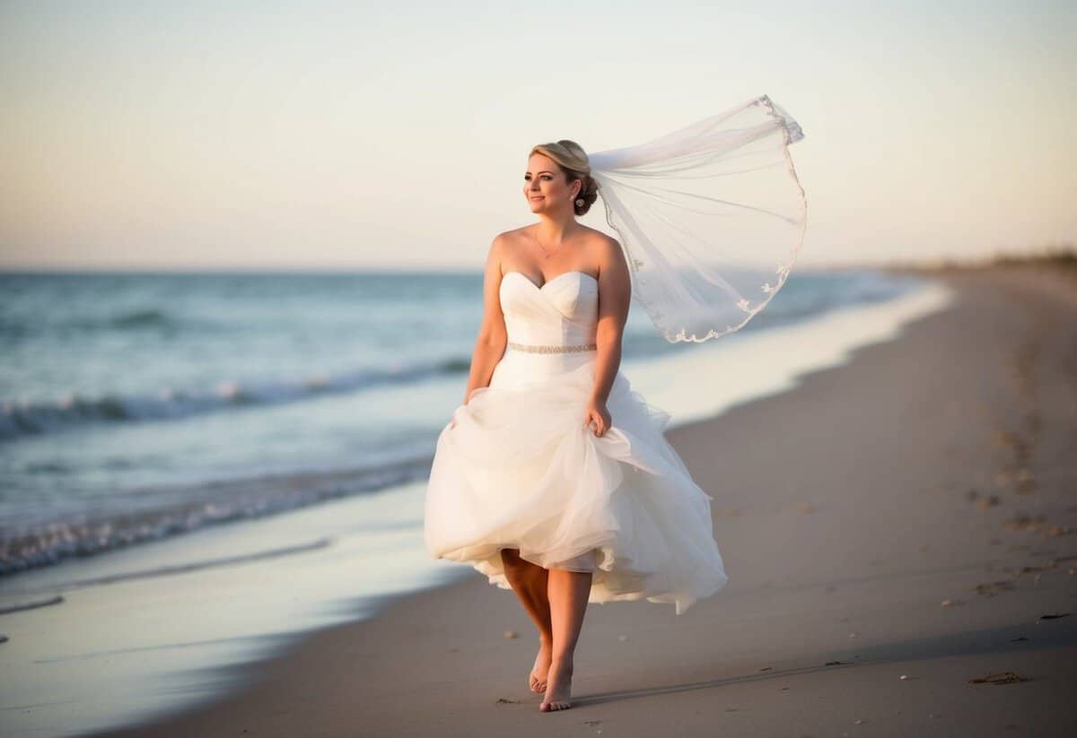 A bride stands on a sandy beach, her veil blowing in the breeze as she walks barefoot along the shoreline, a look of serene contentment on her face