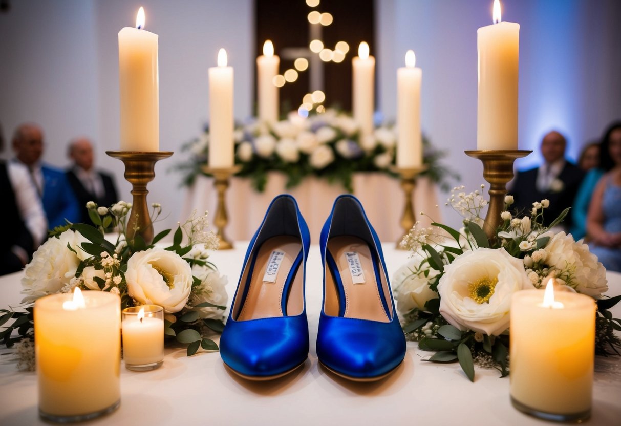 A pair of blue shoes placed at the center of a wedding altar, surrounded by delicate white flowers and soft candlelight