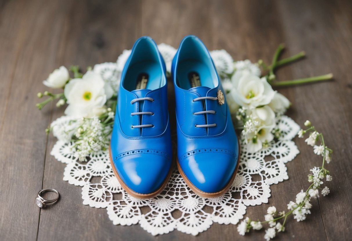 A pair of blue shoes placed on a white lace doily, surrounded by delicate white flowers and a wedding ring