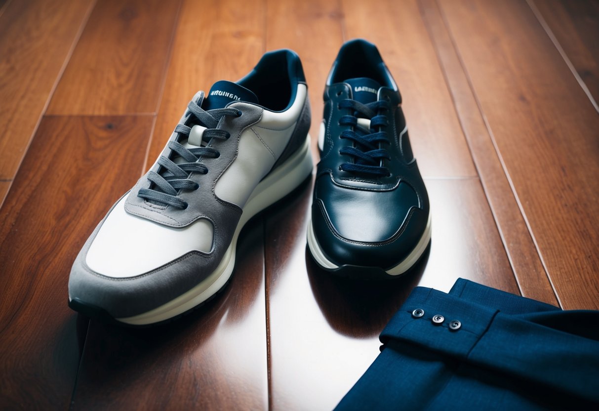 A pair of elegant trainers placed next to a formal suit and tie on a polished wooden floor