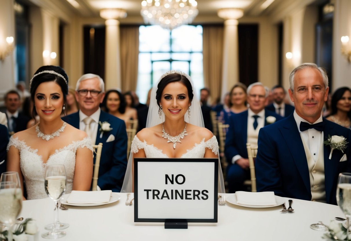 A formal wedding setting with a sign indicating "no trainers" and guests dressed in elegant attire