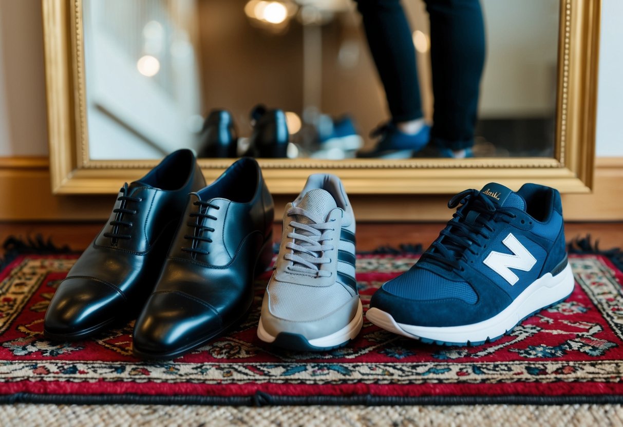 A pair of elegant dress shoes and a pair of casual trainers placed side by side on a decorative rug