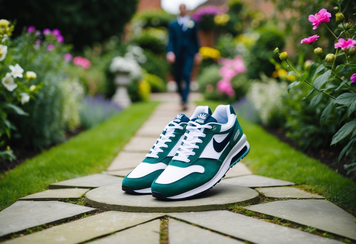 A garden wedding in the UK, with lush greenery and blooming flowers, featuring a stylish pair of trainers on a decorative stone pathway