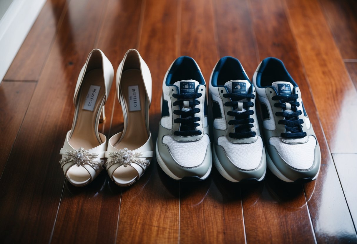 A pair of elegant wedding shoes and a pair of stylish trainers placed side by side on a polished wooden floor