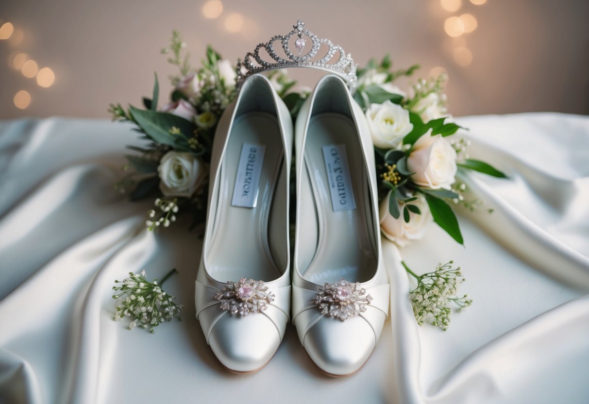 A pair of elegant wedding shoes placed neatly on a soft, white fabric background, surrounded by delicate floral arrangements and a sparkling tiara