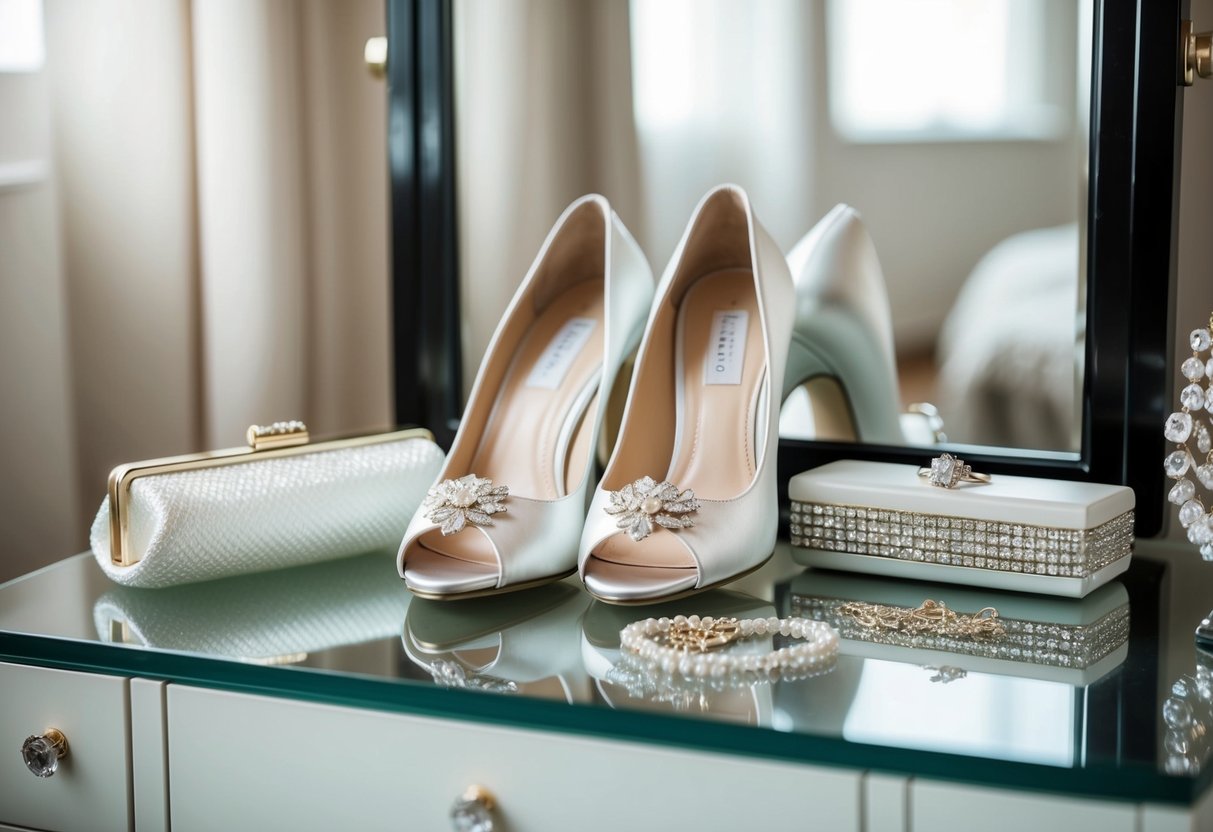A pair of elegant wedding shoes placed neatly next to a matching clutch and delicate jewelry on a dressing table