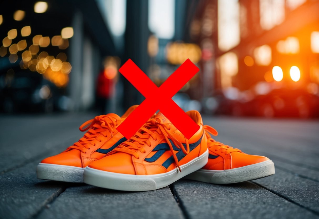 Bright orange shoes in a pile with a red X over them