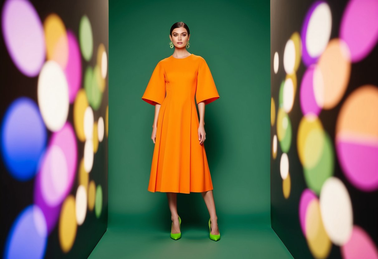 A fashion illustration of a person wearing a vibrant orange dress with bright green shoes, demonstrating a clash in color theory