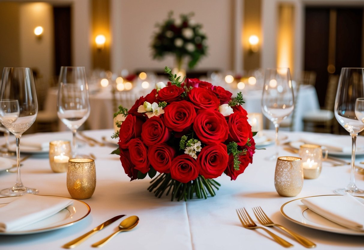 A vibrant red bouquet rests on a table, surrounded by elegant white and gold place settings at a formal wedding reception