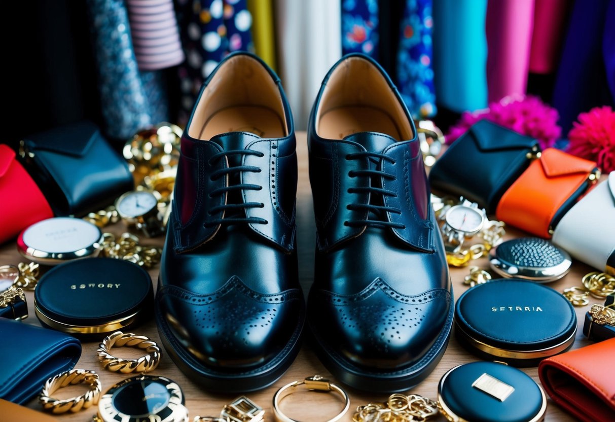 A pair of black shoes surrounded by a variety of colorful outfits and accessories