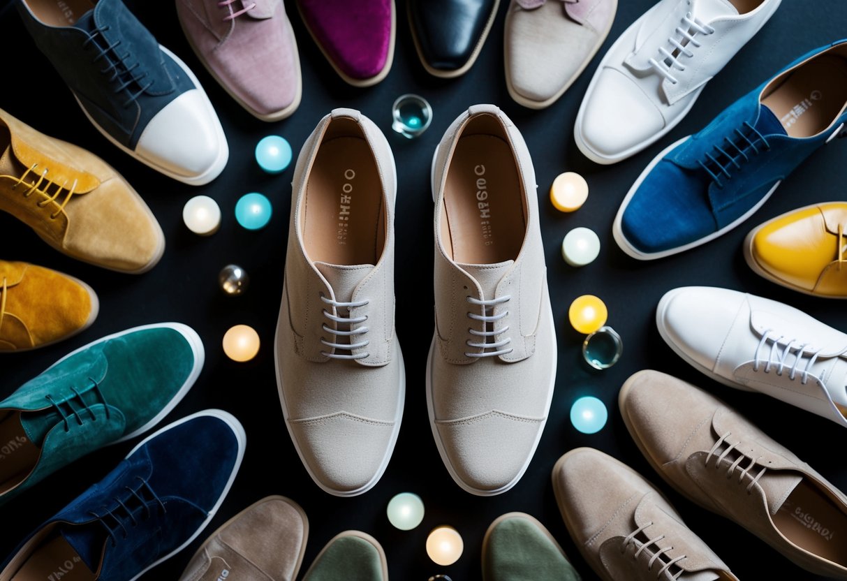 A pair of neutral-colored shoes surrounded by various items in different colors, showcasing their versatility and ability to match with anything