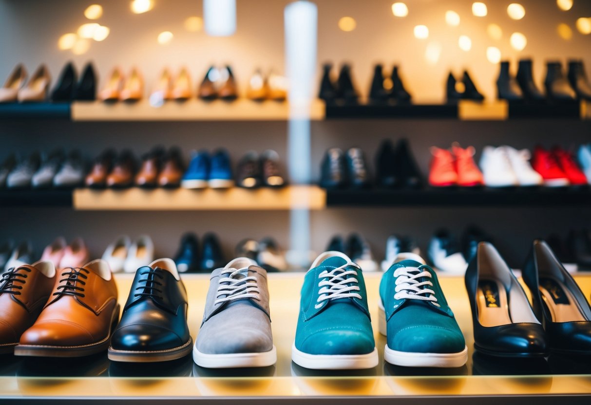 A collection of shoes in various colors and styles arranged neatly on a display shelf