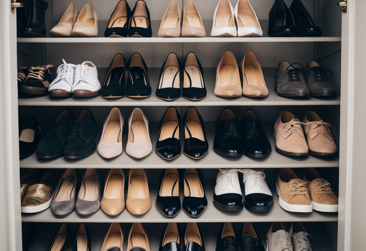 A closet filled with shoes of various colors and styles, with a focus on neutral tones such as black, white, and beige