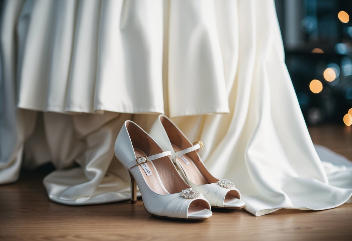 A pair of elegant white wedding shoes placed next to a flowing white wedding dress