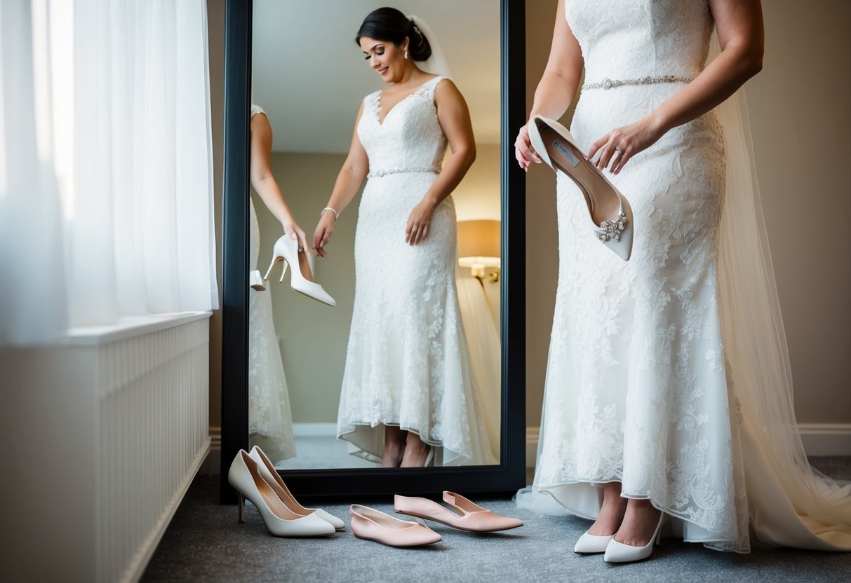 A bride stands in front of a full-length mirror, trying on different pairs of shoes with her wedding dress. She carefully considers the balance between comfort and style, holding up a pair of white heels and a pair of elegant flats