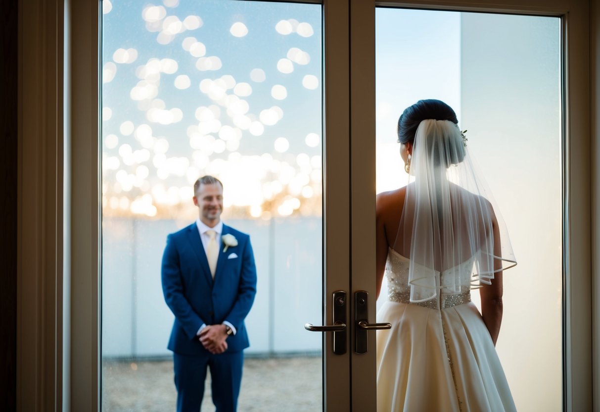 The groom waits outside a closed door, while the bride's silhouette is visible through a frosted glass window