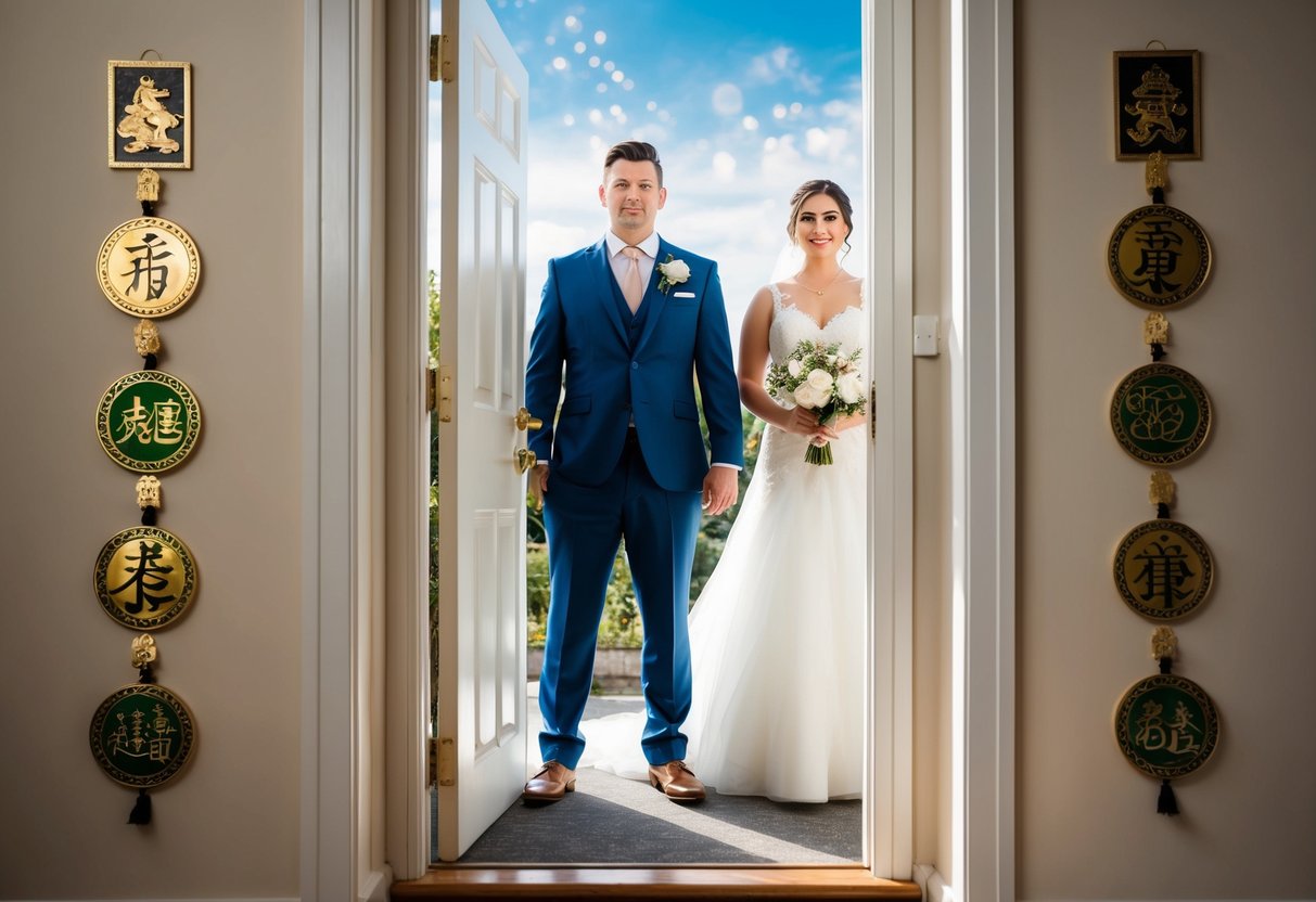 A groom stands outside a closed door, unable to see the bride inside. Symbols of luck and protection surround the scene