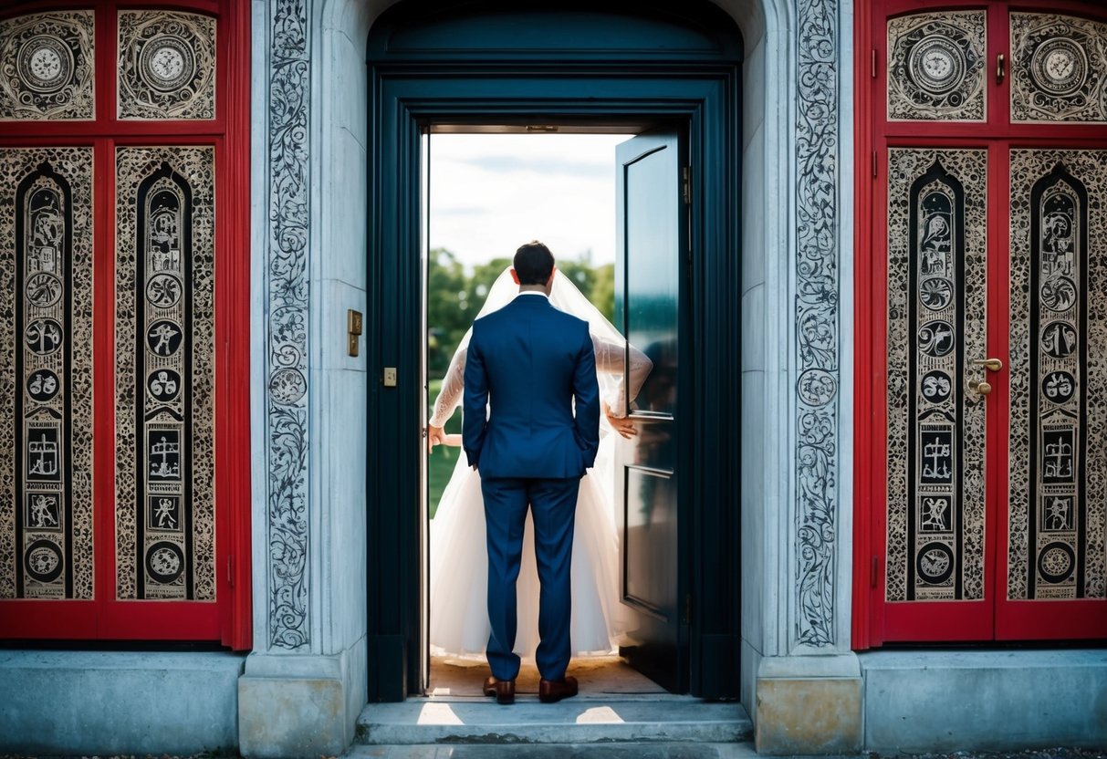 A groom stands outside a closed door, unable to see the bride inside. The door is adorned with intricate designs and symbols