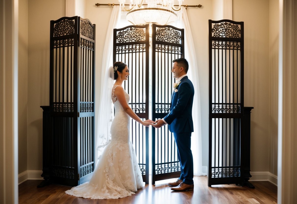 A bride and groom separated by a decorative screen, symbolizing the cultural tradition of the groom not being allowed to see the bride before the wedding ceremony