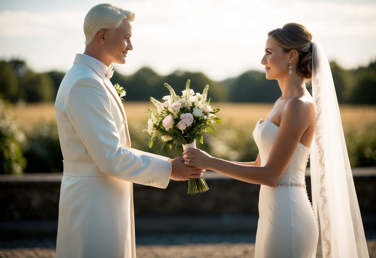 A figure in a white outfit stands at a respectful distance from the bride, offering a bouquet of flowers as a gesture of goodwill
