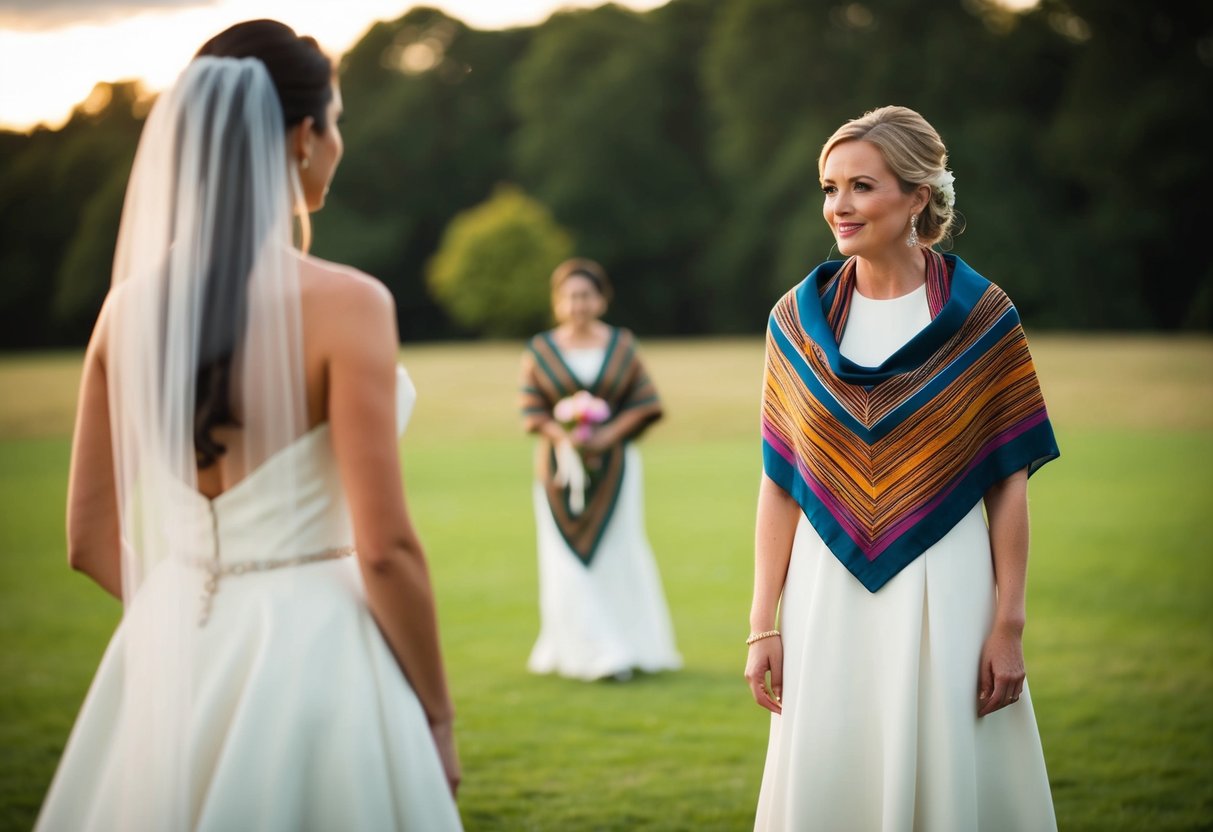 A woman in a white dress stands at a distance from the bride, with a colorful shawl draped over her shoulders