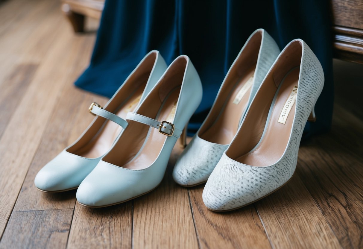 A pair of light-colored shoes placed next to a dark-colored dress on a wooden floor