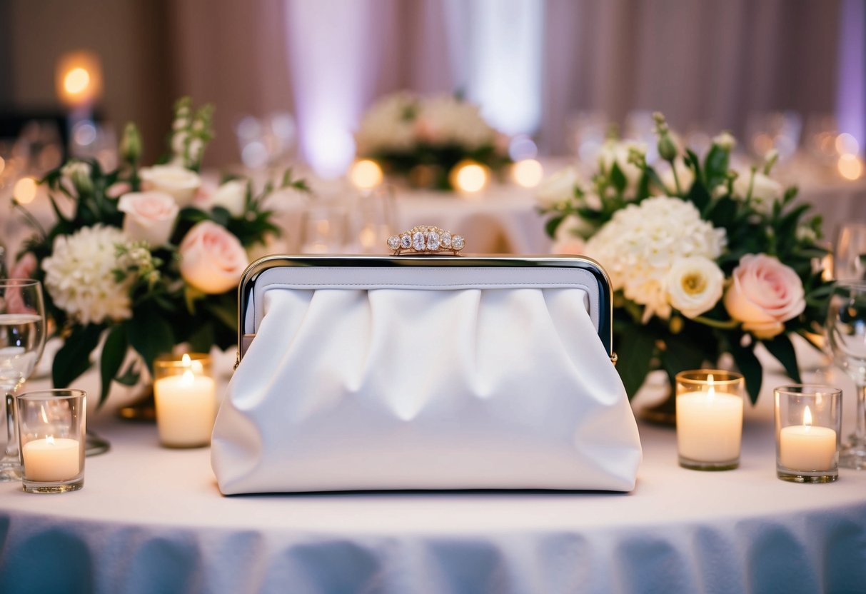 A white clutch sits on a table surrounded by elegant floral centerpieces and soft candlelight at a wedding reception