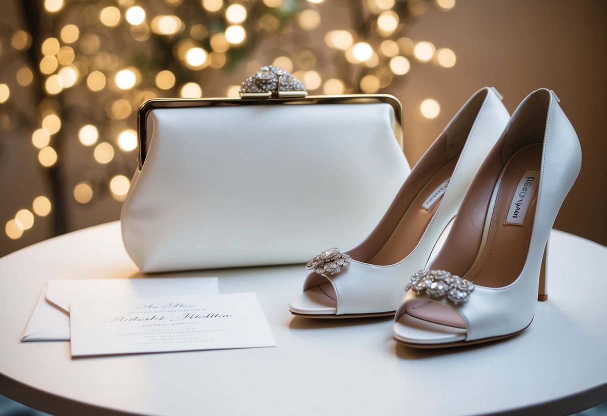A white clutch sits on a table next to a wedding invitation and a pair of elegant heels
