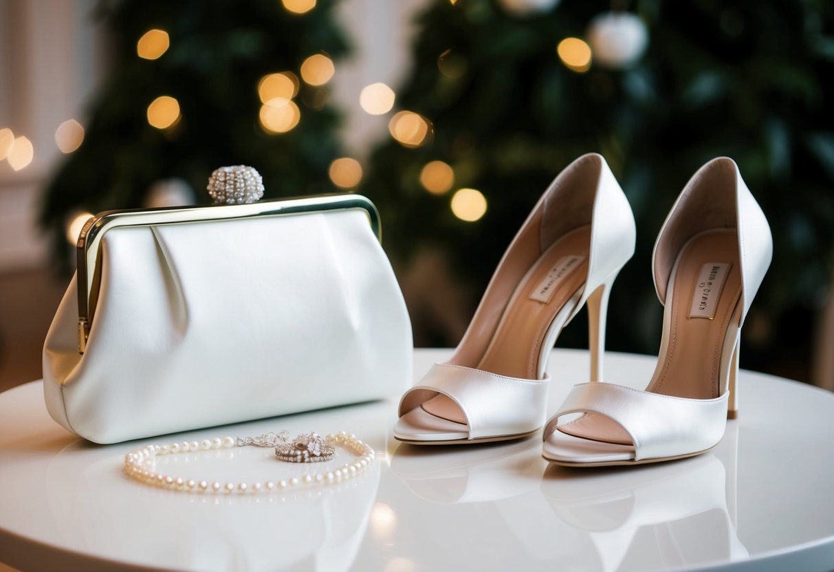 A white clutch sits on a table next to a pair of elegant heels and a delicate pearl necklace, ready to be accessorized for a wedding
