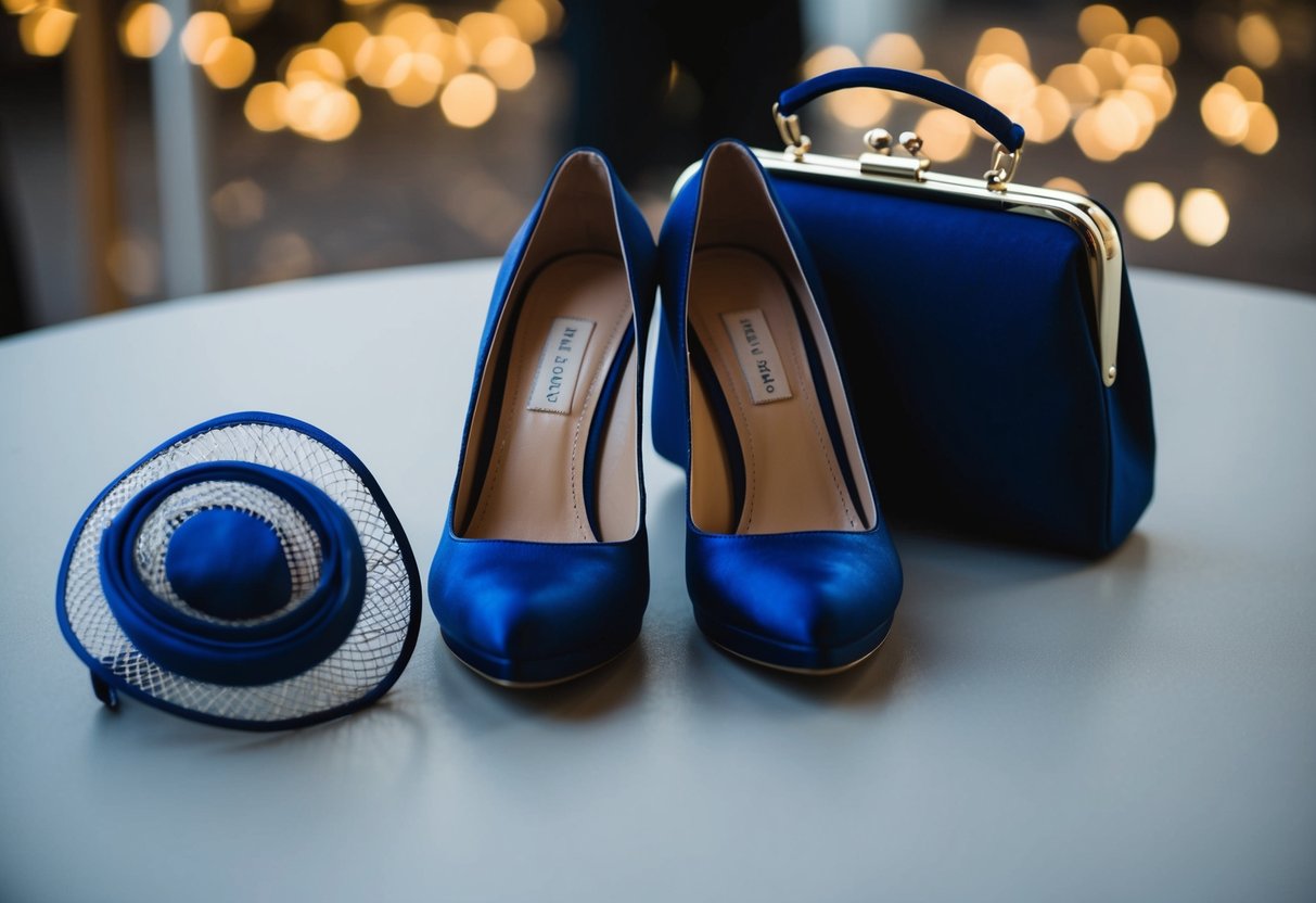A pair of high heels, a matching handbag, and a coordinating fascinator arranged neatly on a table