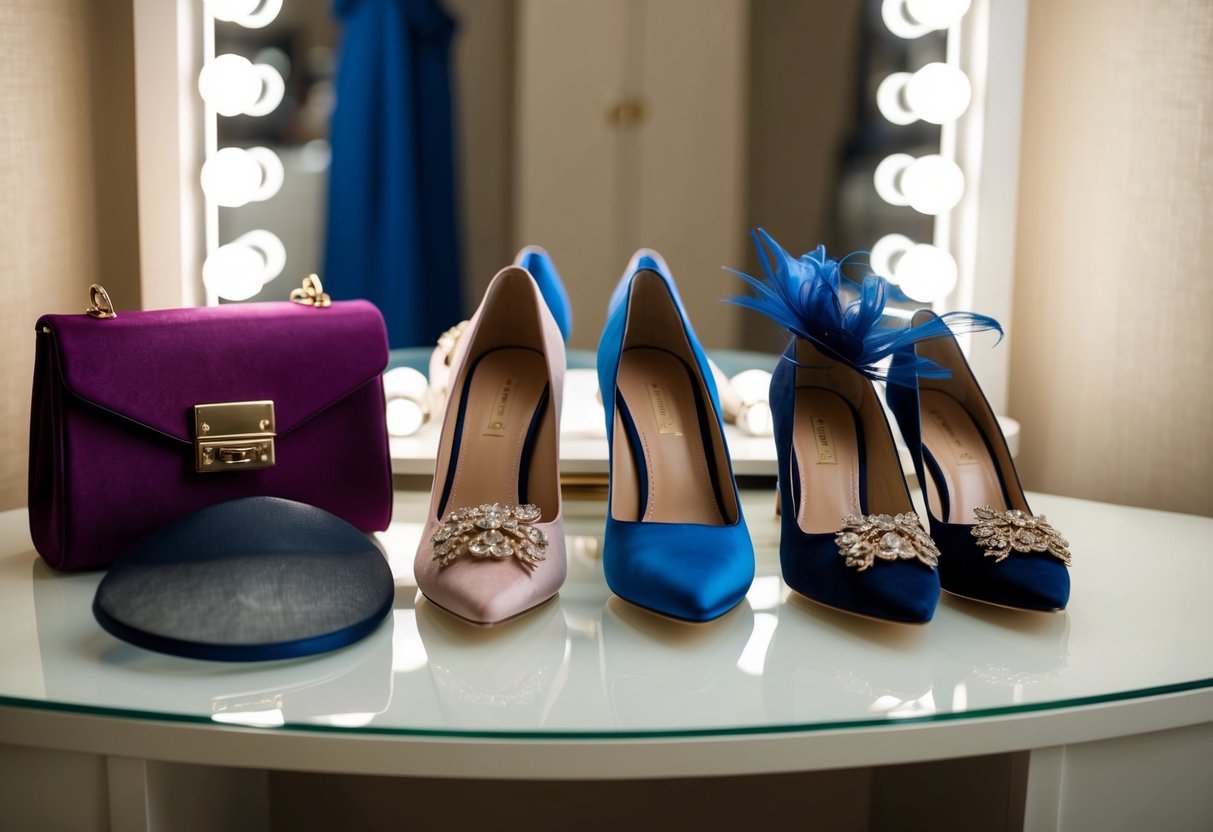 A woman's shoes, bag, and fascinator are carefully arranged on a dressing table, each item in a different color and style